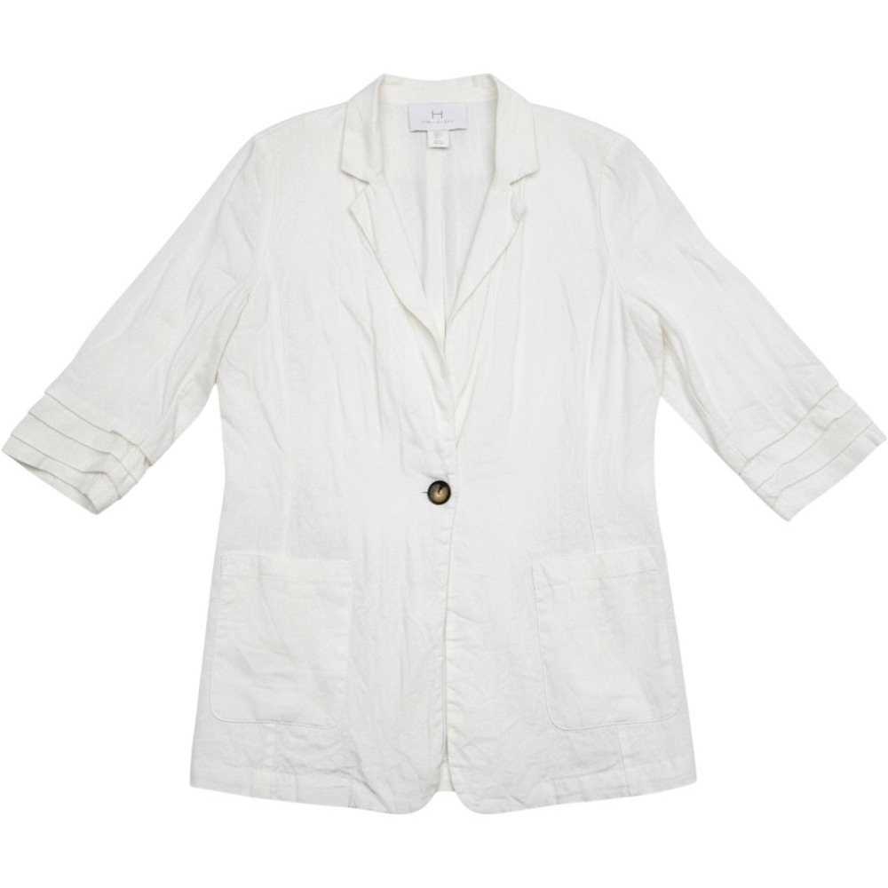 Halston Women's White Linen Blend 3/4 Ruffle Sleeve Blazer Jacket Size L